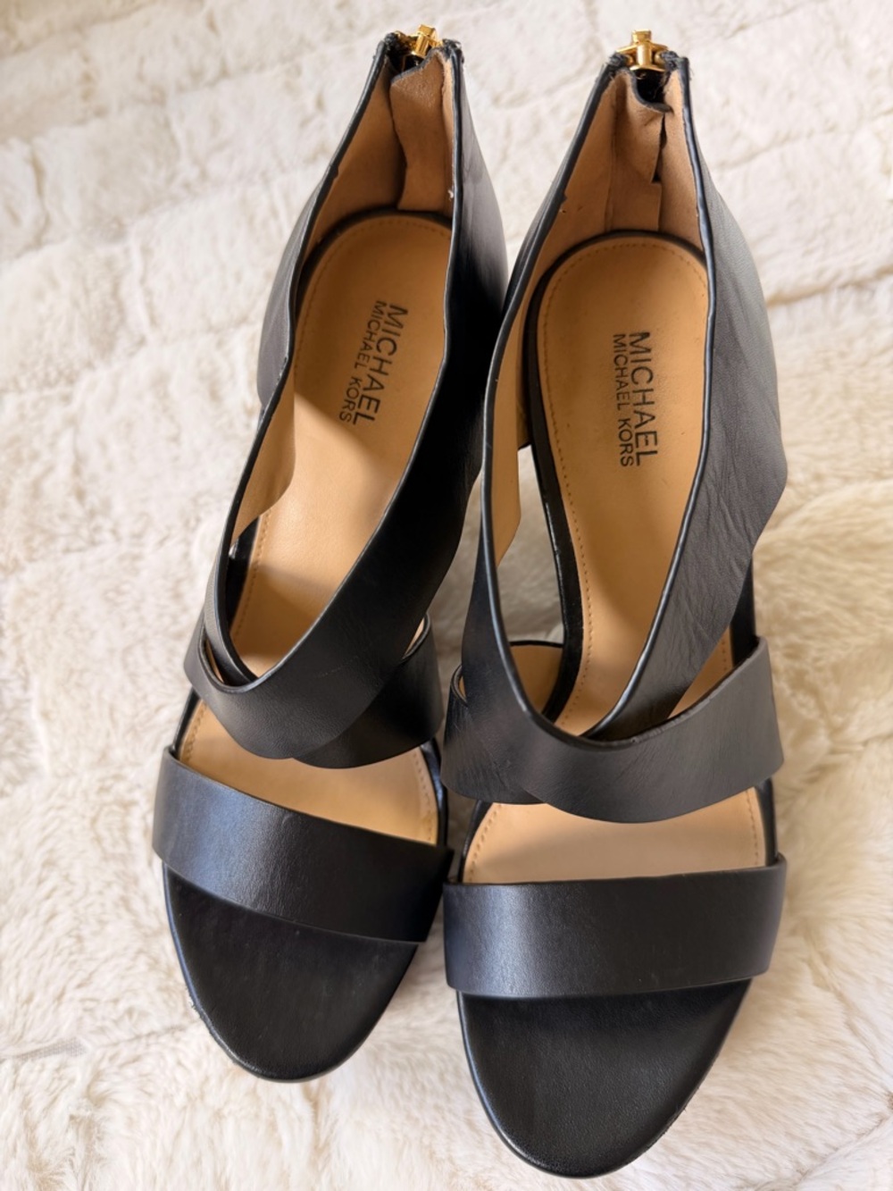 Michael Kors Black Leather Platform Wedge Sandals | Gold Zip Back | Size 7M - Picture 9 of 14